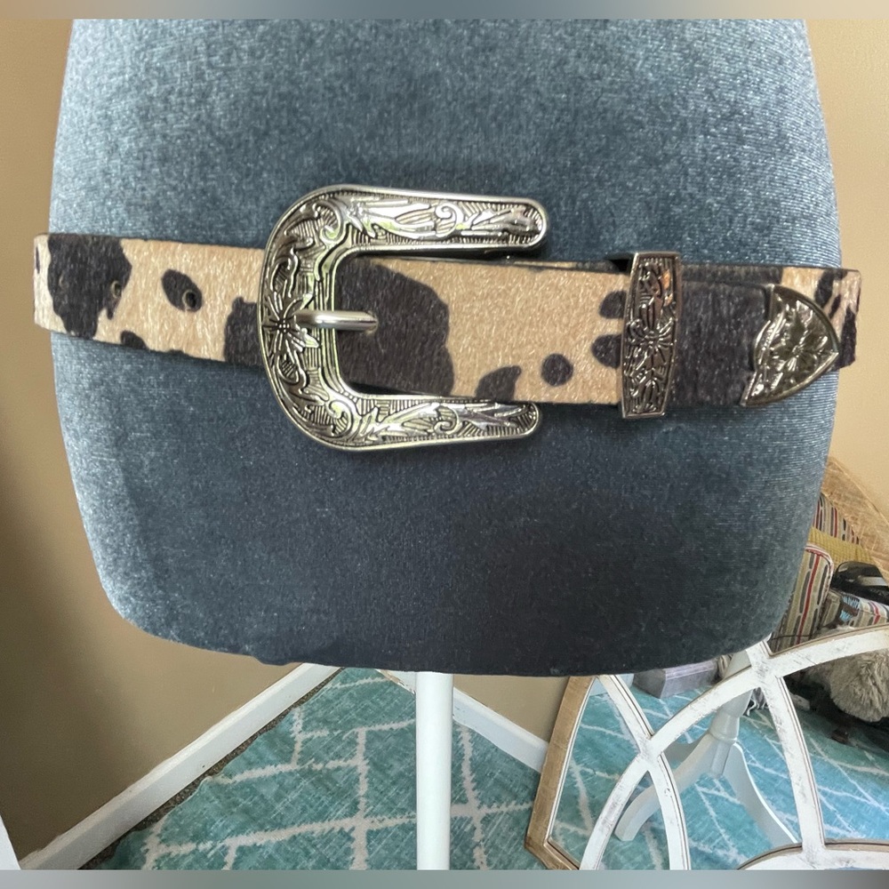 Cow Print Belt with Silver Buckle